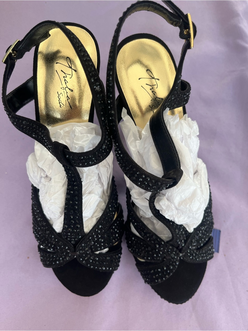 Thalia Sodi Black Crystal T-Strap Dress Sandals